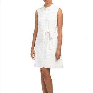 Adrianna Papell Striped White Sleeveless Shirt Dress With Belt